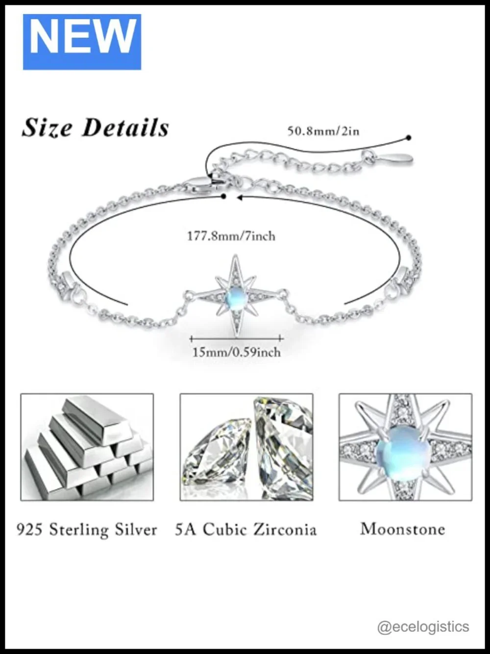 925 Sterling Silver Moonstone Star Link Bracelet Adjustable Gift for Her
